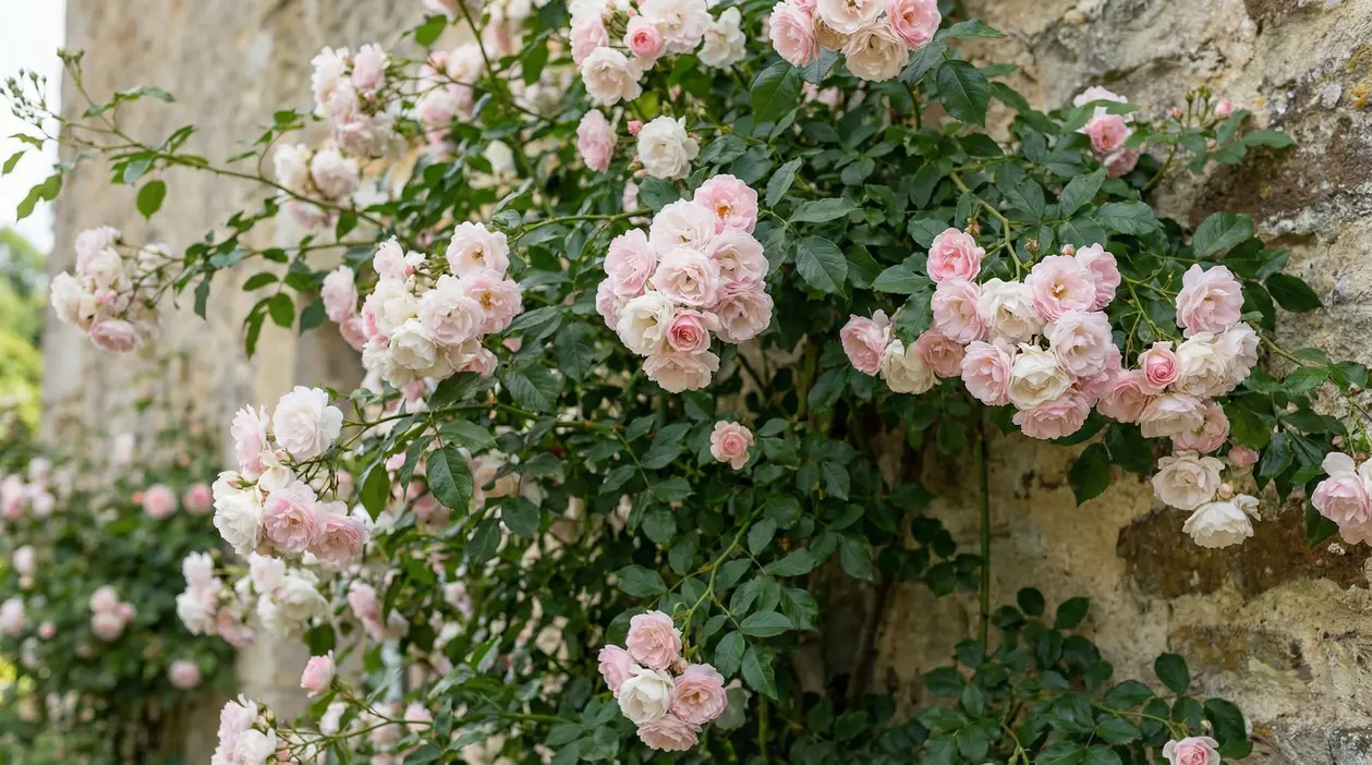 Rampicante di rose rosa pallido in piena fioritura su un muro di pietra