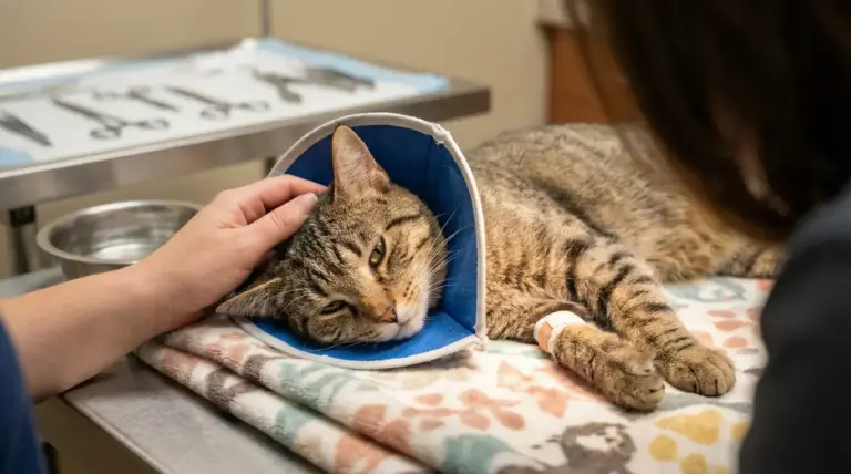 Gatto con collare elisabettiano sdraiato su un lettino veterinario dopo la sterilizzazione