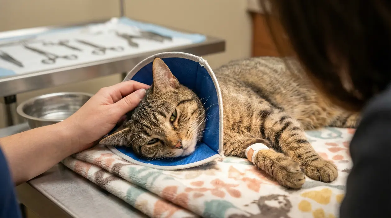 Gatto con collare elisabettiano sdraiato su un lettino veterinario dopo la sterilizzazione