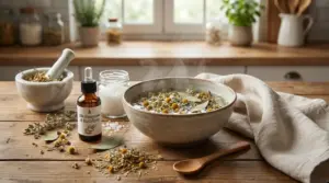 Ciotola di infuso con erbe, camomilla e foglie d'alloro su un tavolo di legno