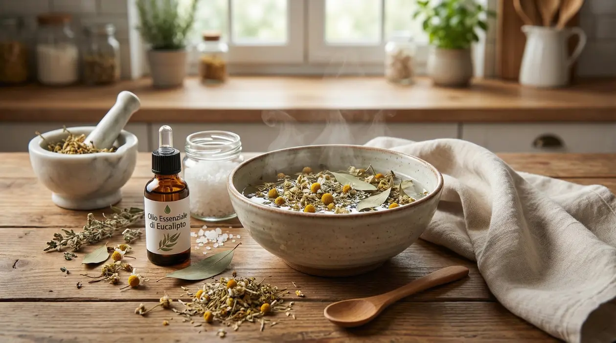 Ciotola di infuso con erbe, camomilla e foglie d'alloro su un tavolo di legno