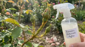 Ramo di rosa infestato da pidocchi gialli con spray naturale all'aglio applicato