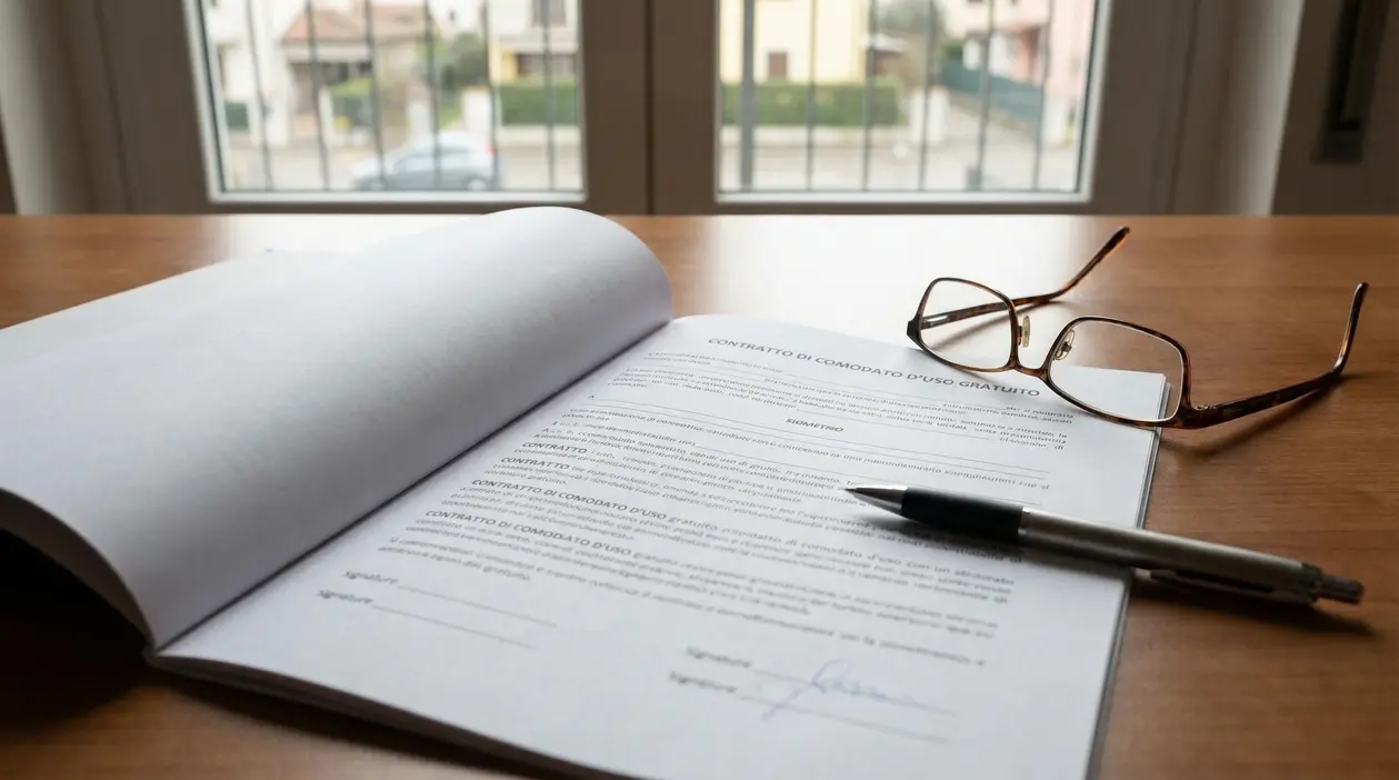 Contratto di comodato d'uso gratuito su un tavolo con occhiali e penna