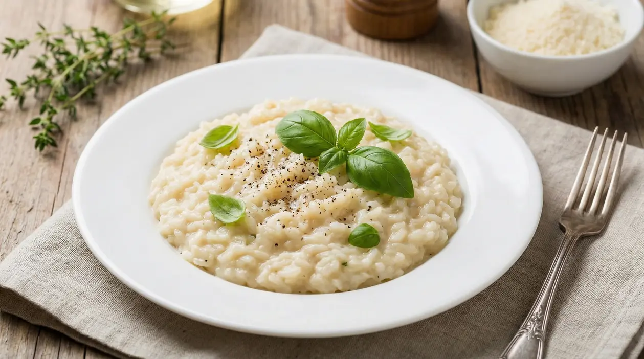 Piatto di risotto cremoso guarnito con basilico fresco e pepe nero