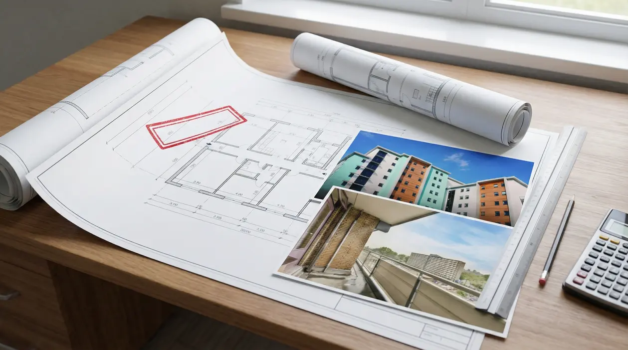 Planimetria edilizia con fotografie di edifici su un tavolo da lavoro