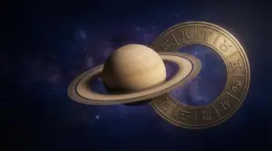 Il pianeta Saturno con un cerchio contenente i simboli dei segni zodiacali sullo sfondo stellato