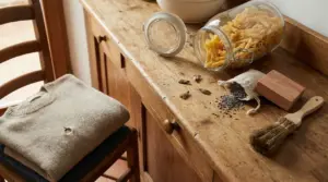 Maglione bucato e tarme vicino a un barattolo di pasta su una credenza di legno