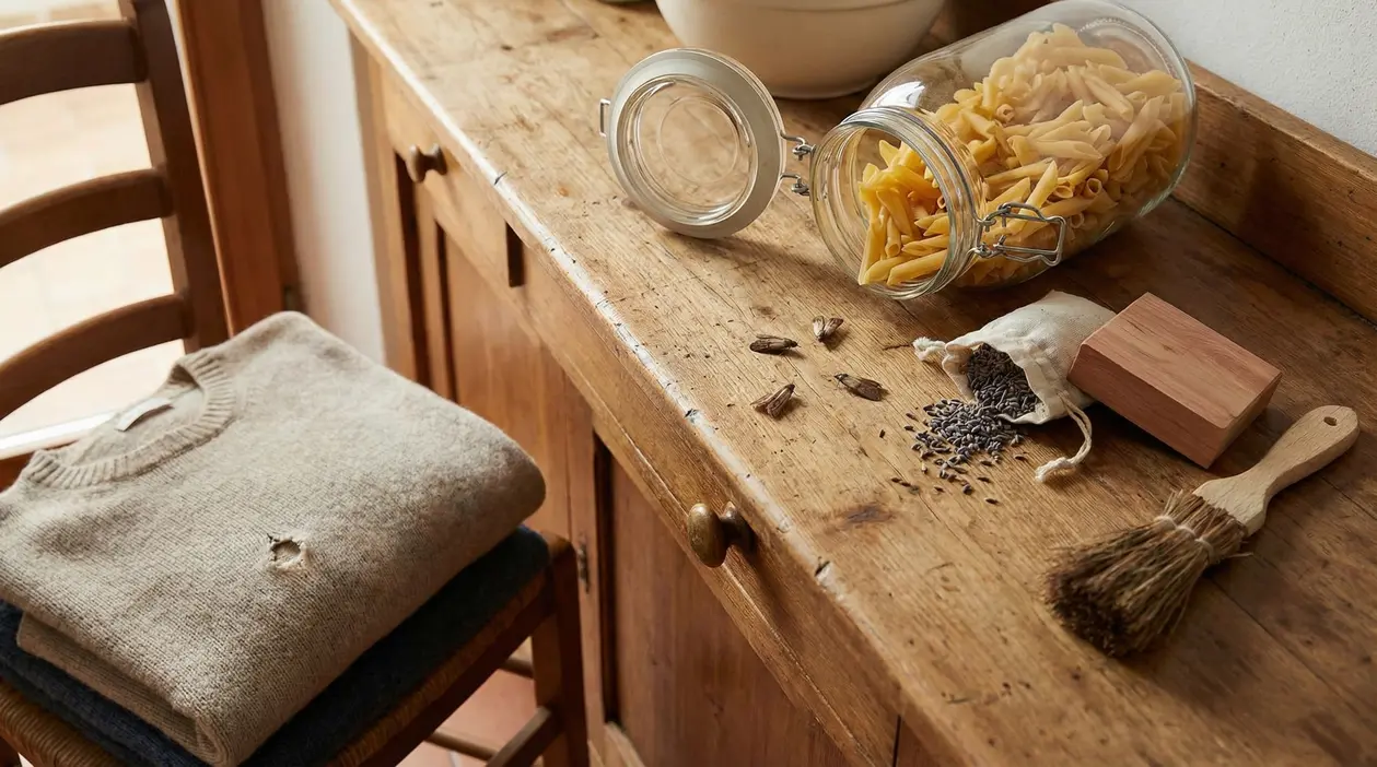 Maglione bucato e tarme vicino a un barattolo di pasta su una credenza di legno