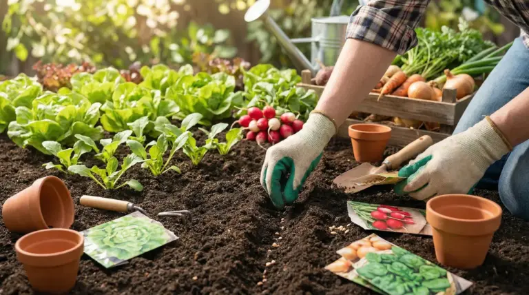 Una persona semina ortaggi in un orto con piante già cresciute e strumenti da giardinaggio sul terreno