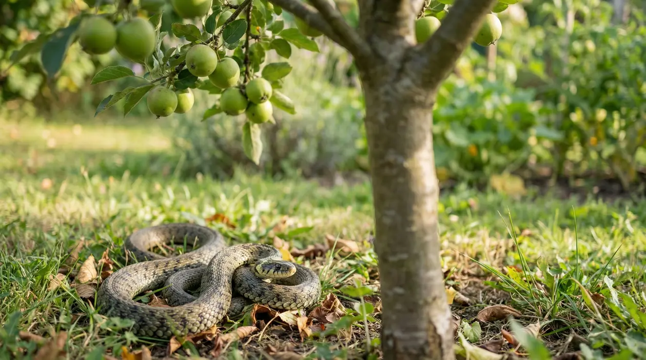 Serpente tra l'erba alla base di un albero da frutto in un giardino