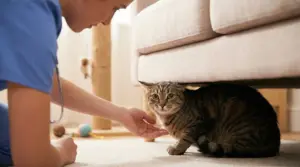 Gatto nascosto sotto il divano mentre una persona cerca di rassicurarlo