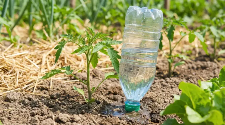 Bottiglia di plastica utilizzata per irrigare una pianta nell’orto