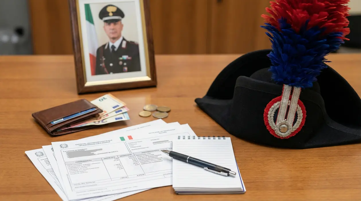 Scrivania con cappello da carabiniere, busta paga, portafoglio e fotografia incorniciata