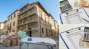 Lavori di rifacimento della facciata di un condominio con ponteggi e materiali edili, accanto a calcolatrici e tabelle spese