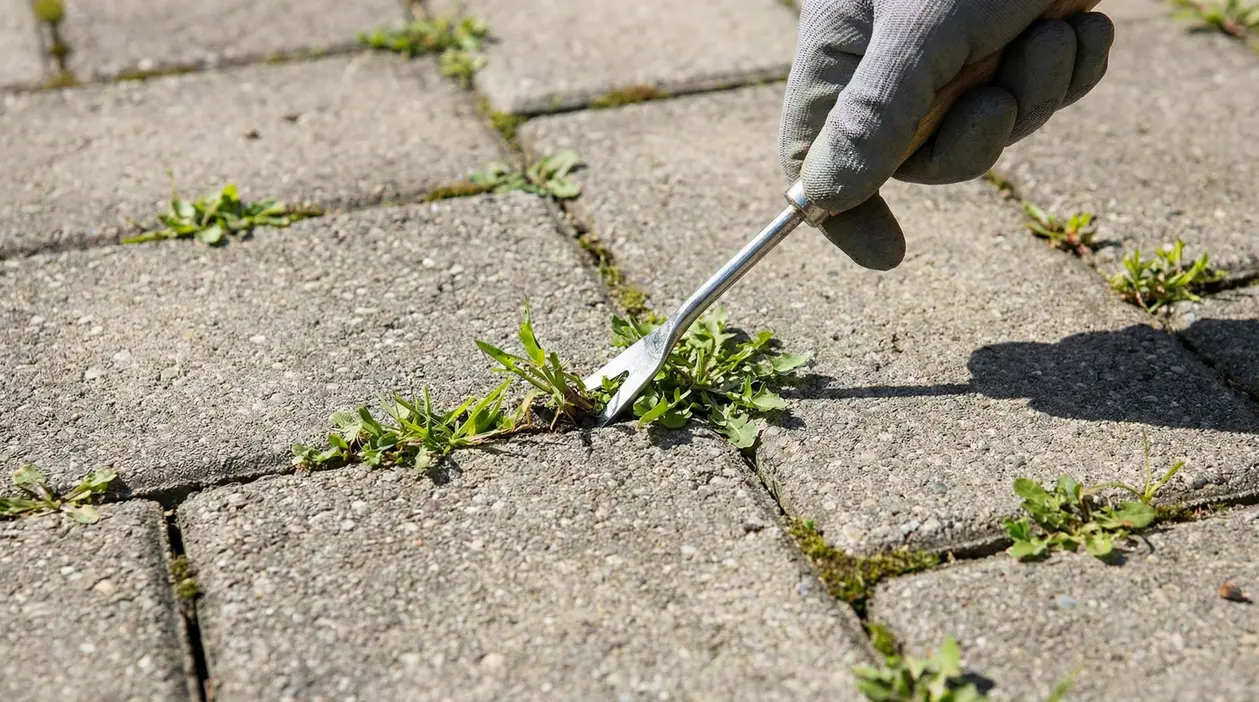 Rimozione manuale di erbacce tra le mattonelle di un vialetto con uno strumento da giardinaggio