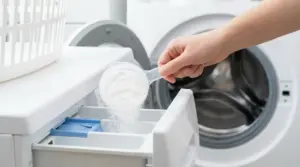 Una persona versa polvere bianca nello scomparto del detersivo di una lavatrice