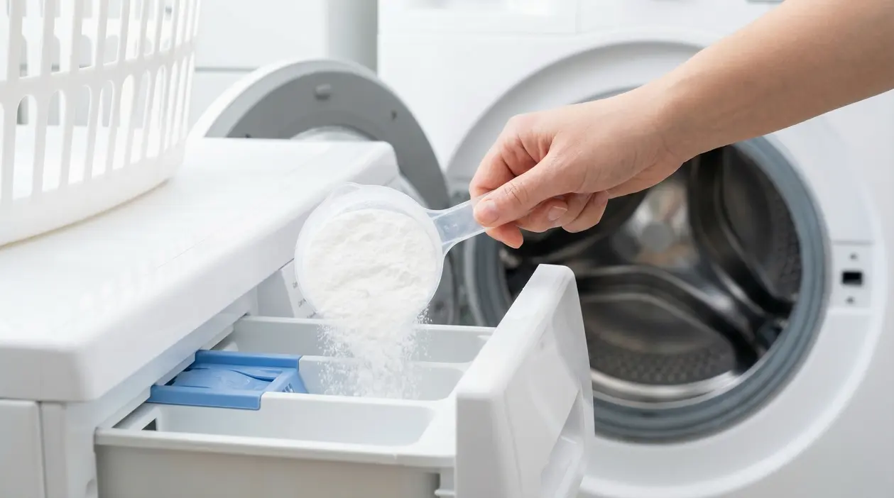 Una persona versa polvere bianca nello scomparto del detersivo di una lavatrice