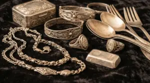 Gioielli e oggetti in argento antico su fondo scuro