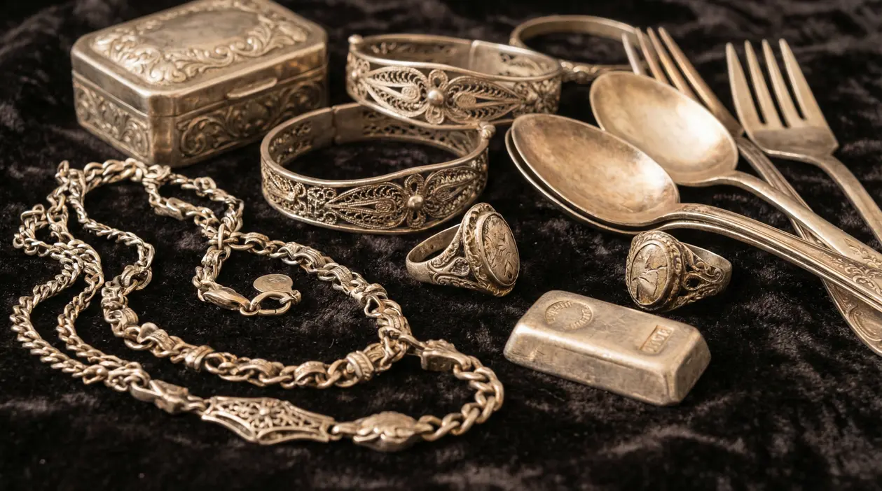 Gioielli e oggetti in argento antico su fondo scuro