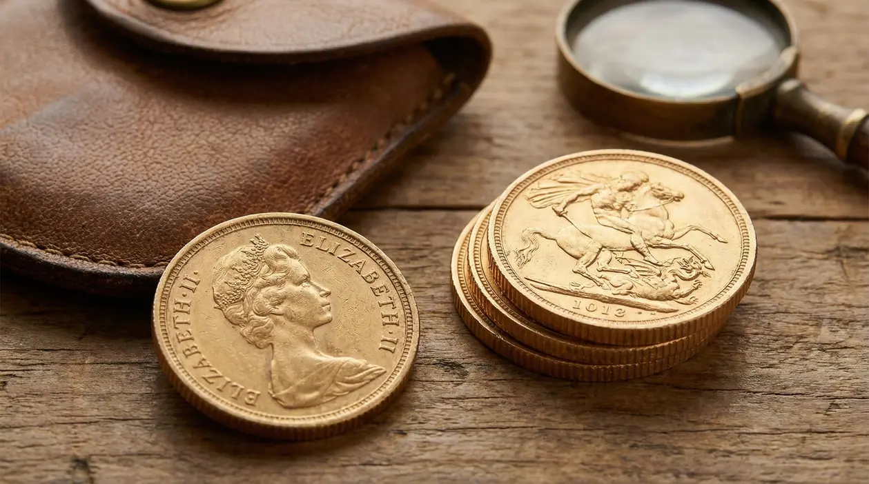 Sterline d'oro su un tavolo di legno accanto a una lente d'ingrandimento e un portamonete in pelle