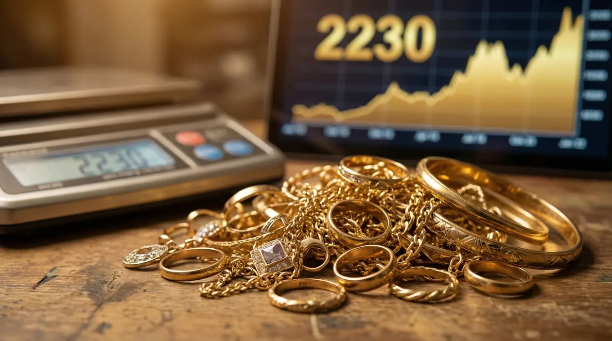 Gioielli in oro su un tavolo accanto a una bilancia digitale e un grafico di valore sullo sfondo