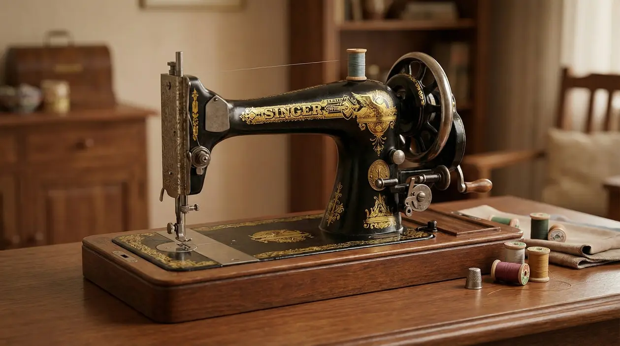 Macchina da cucire vintage Singer su un tavolo in legno con fili colorati