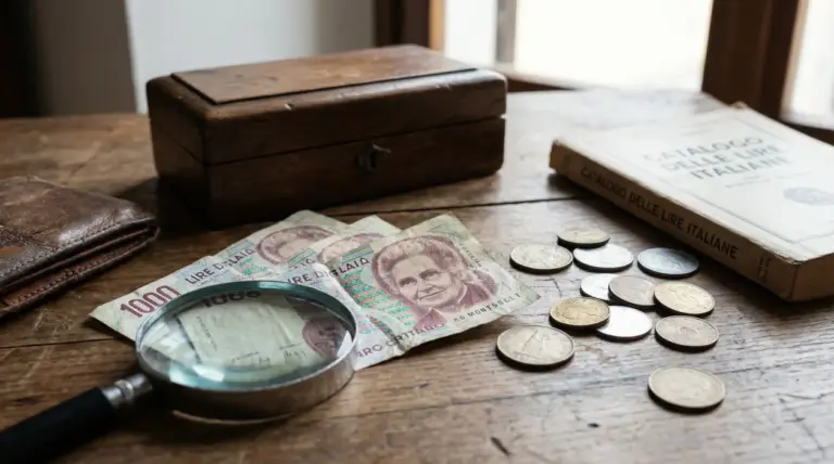 Banconote da mille lire con ritratto di Maria Montessori accanto a monete e lente d'ingrandimento su tavolo di legno