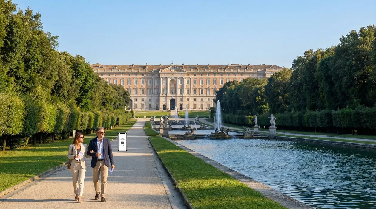 Due persone passeggiano nel parco davanti alla Reggia di Caserta in una giornata di sole