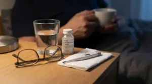 Comodino con occhiali, termometro, bicchiere d'acqua e sali reidratanti orali, con una persona sullo sfondo