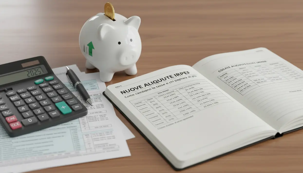 Salvadanaio a forma di maialino, calcolatrice e documenti fiscali con quaderno su nuove aliquote Irpef