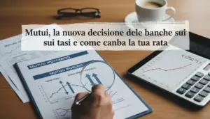 Documenti su mutuo ipotecario con grafici dei tassi, mano con lente e tablet con calcolatrice su scrivania