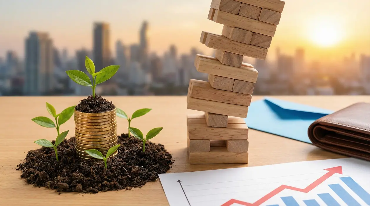 Piantine che crescono su monete e torre di blocchi in bilico, simbolo di rendimenti alti e rischio investimento
