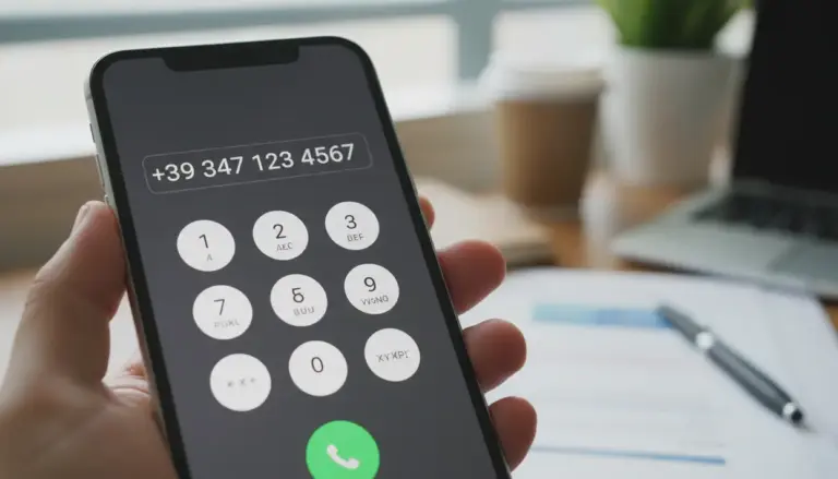 Persona che tiene uno smartphone con tastierino di chiamata e prefisso internazionale +39 per un numero di cellulare