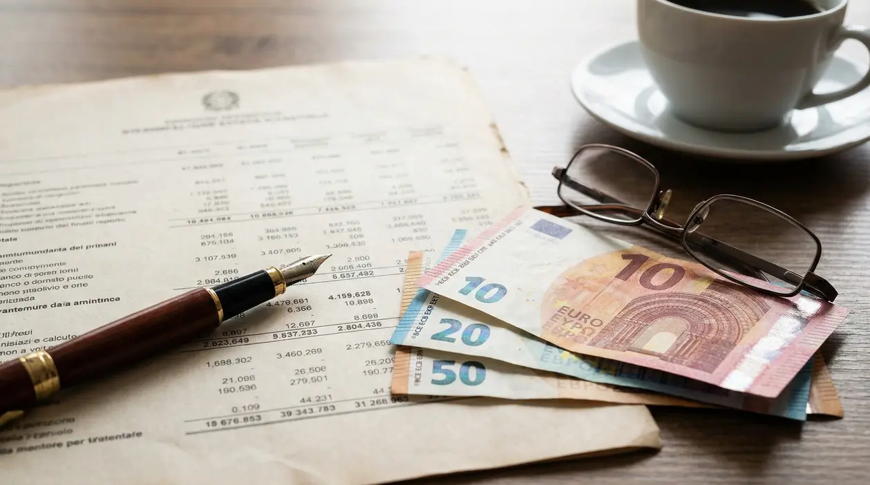 Banconote in euro, occhiali e penna su un documento con dati, su scrivania con tazza di caffè
