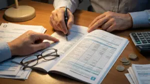 Mani che compilano moduli fiscali su una scrivania con calcolatrice, monete e occhiali, per stima imposta di successione