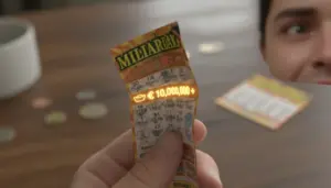 Mano che tiene un biglietto gratta e vinci con simbolo del lingotto d’oro, con una persona sullo sfondo sfocata