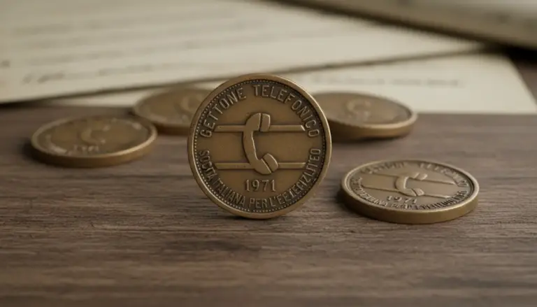 Gettoni telefonici SIP vintage su un tavolo di legno, con un gettone in primo piano datato 1971