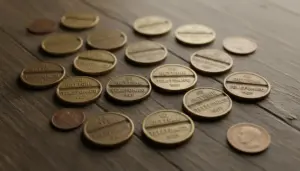 Gettoni telefonici vintage anni ’60 e ’70 disposti su un tavolo di legno, in stile collezionismo numismatico