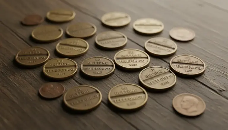 Gettoni telefonici vintage anni ’60 e ’70 disposti su un tavolo di legno, in stile collezionismo numismatico