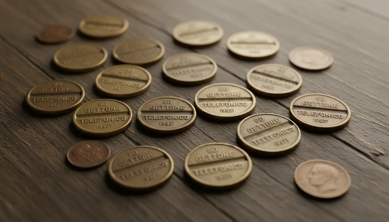 Gettoni telefonici vintage anni ’60 e ’70 disposti su un tavolo di legno, in stile collezionismo numismatico
