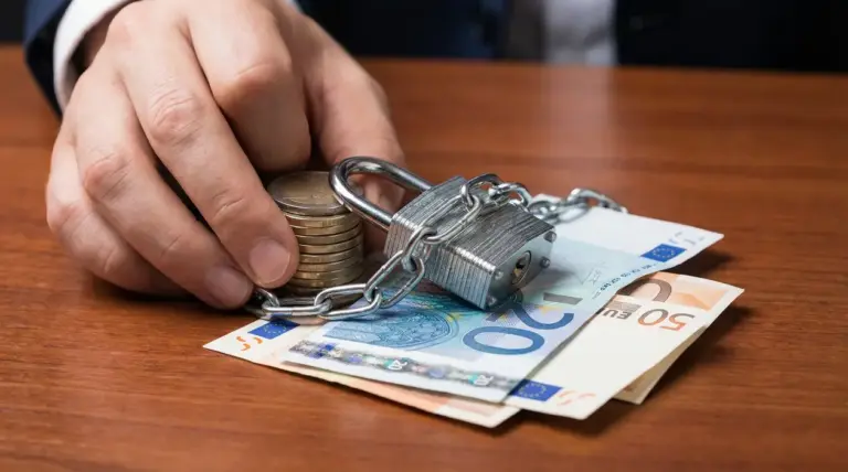 Mano che blocca monete e banconote in euro con catena e lucchetto su un tavolo, simbolo di protezione dei risparmi