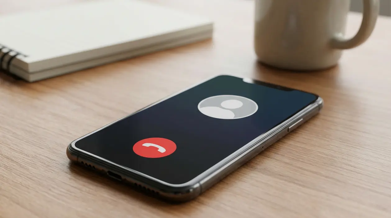 Smartphone su un tavolo con schermata di chiamata in arrivo, simbolo di numero sconosciuto e possibili chiamate spam