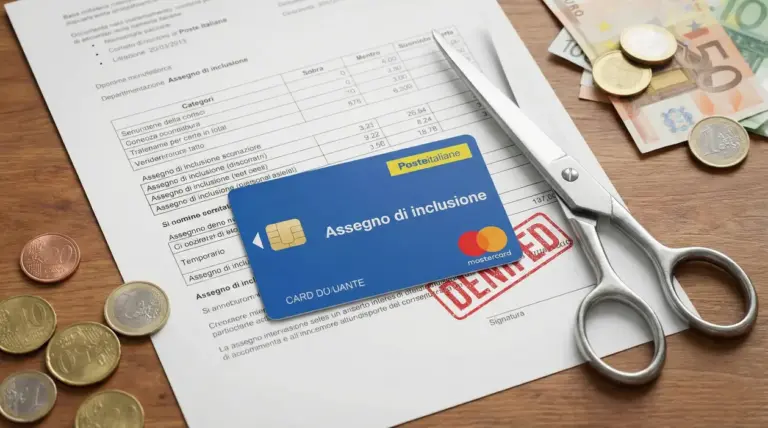 Carta dell’Assegno di inclusione su documenti e banconote, con forbici a simboleggiare nuove regole e possibili esclusioni