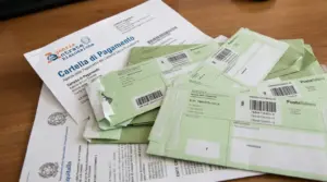 Cartella di pagamento e buste verdi di notifica su una scrivania, tema cartelle esattoriali e riscossione