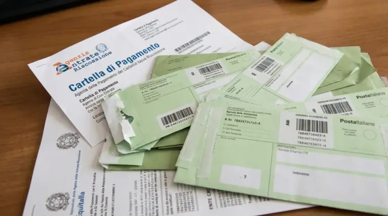 Cartella di pagamento e buste verdi di notifica su una scrivania, tema cartelle esattoriali e riscossione