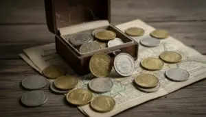 Monete svizzere in una scatola aperta, con altre monete sparse su un documento e un tavolo di legno