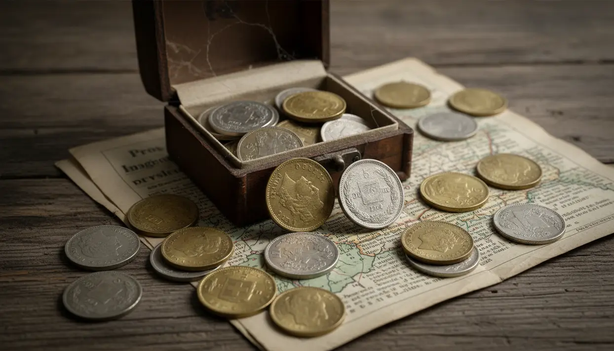 Monete svizzere in una scatola aperta, con altre monete sparse su un documento e un tavolo di legno
