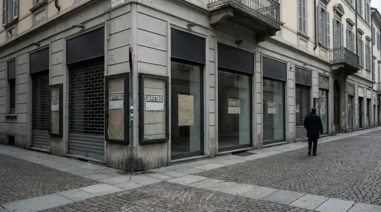 Vetrine di negozi vuoti con serrande abbassate in una via del centro, mentre una persona cammina sul marciapiede