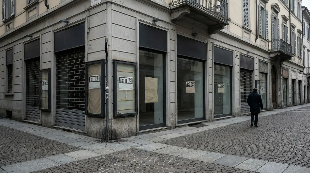 Vetrine di negozi vuoti con serrande abbassate in una via del centro, mentre una persona cammina sul marciapiede