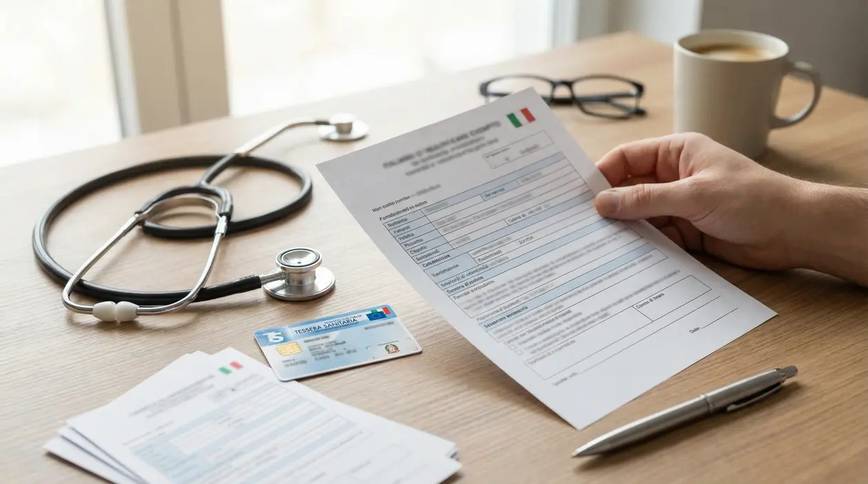 Modulo sanitario con tessera sanitaria e stetoscopio su una scrivania, per richiesta di esenzione ticket